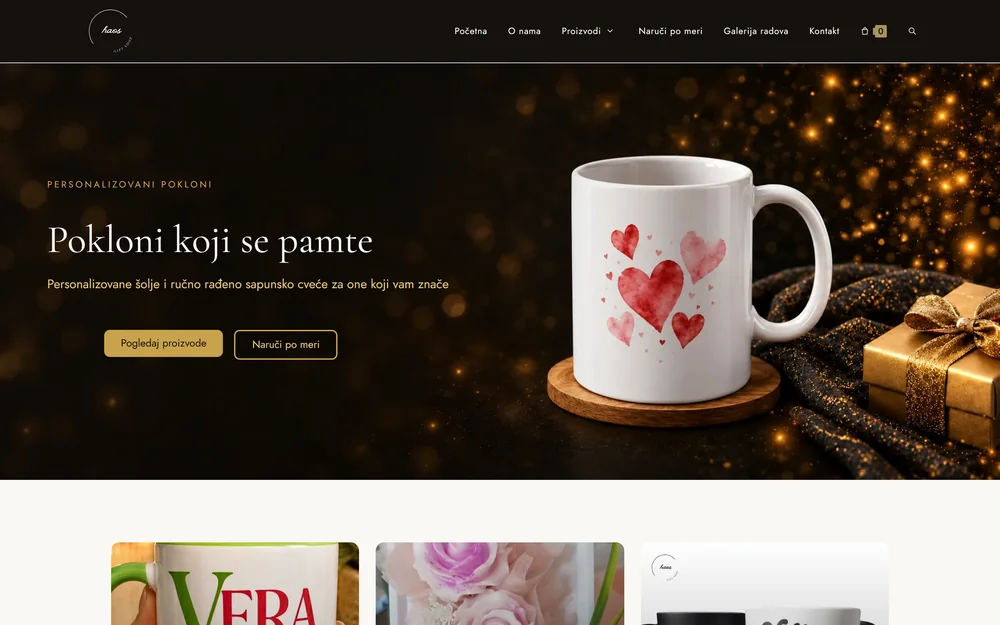 Početna strana prodavnice Haos Gift sa personalizovanim šoljama i sapunskim cvećem