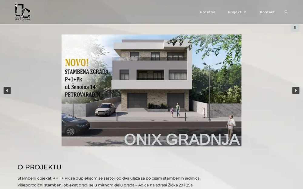 Početna strana sajta građevinske firme Onix Gradnja sa galerijom objekata
